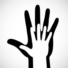 Black color big hand and white small hand concept. Help symbol hands support emblem. Hands icon illustration. Education, health care, medical, design element.
