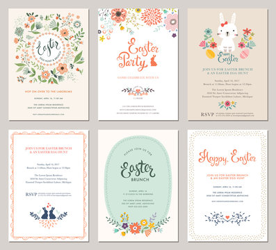 Cute Happy Easter templates with eggs, flowers, floral wreath, rabbit and typographic design.
