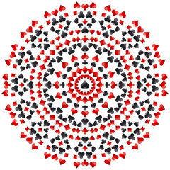 Gambling poker round mandala with red and black symbols, vector illustration. Ideal for printing onto fabric and paper or scrap booking.
