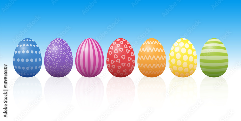 Poster easter eggs with different patterns and rainbow colors. isolated three-dimensional vector illustrati