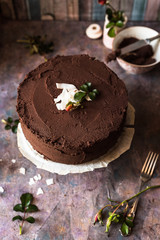 torta vegana al cocco ricoperta con strato di cioccolato fondente