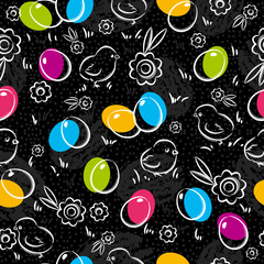 Black Seamless Patterns with  color easter eggs and chickens, flower.Ideal for printing onto fabric and paper or scrap booking, vector illustration