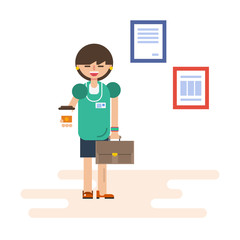 Business woman with coffee and case