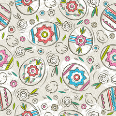 Fototapeta premium Seamless pattern with color easter eggs, flowers and chicks.Ideal for printing onto fabric and paper or scrap booking, vector illustration