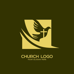 Church logo. Christian symbols. The cross of Jesus Christ and the Holy Spirit is a dove.