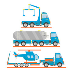 Fototapeta na wymiar Cartoon transport set. Tow truck, tank car, lorry, helicopter. Vector illustration
