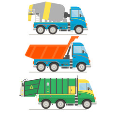 Cartoon transport set. Mixer truck, dump truck, garbage truck Vector illustration