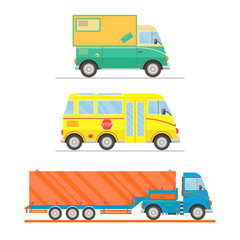 Cartoon transport set. Postal truck, school bus, semi-trailer truck. vector illustration