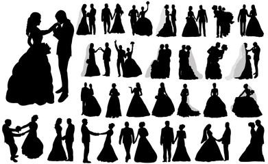 vector, isolated large set of silhouettes of wedding, the bride and groom