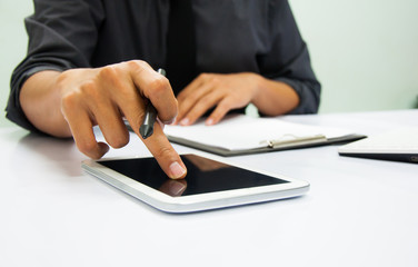 Businessman working at office. Digital tablet laptop computer smart phone using, keyboard. Connection internet application online. Finance manager. Banking. Professional investor.