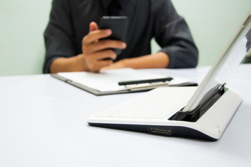 Businessman working at office. Digital tablet laptop computer smart phone using, keyboard. Connection internet application online. Finance manager. Banking. Professional investor.