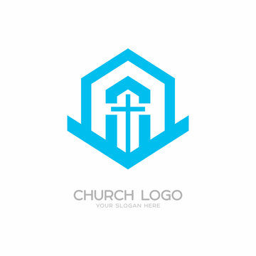 Church logo. Christian symbols. Cross of the Lord and Savior Jesus Christ, the building of the church.