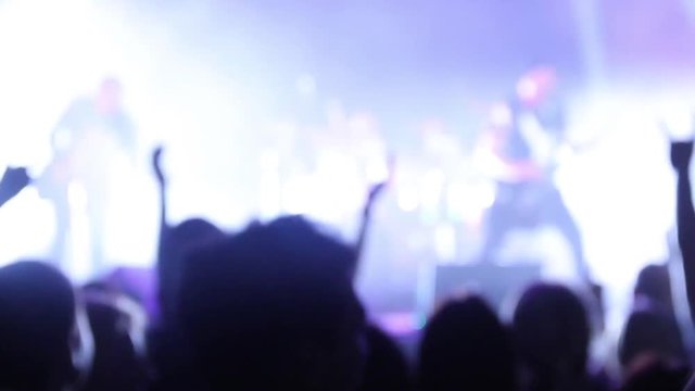The excited crowd of spectators frantically applauds the popular rock band performing on stage