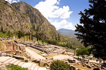 Sanctuary of Apollo at Delphi, Greece. An ancient, sacred temple. Sits on the side of Parnassos mountain.