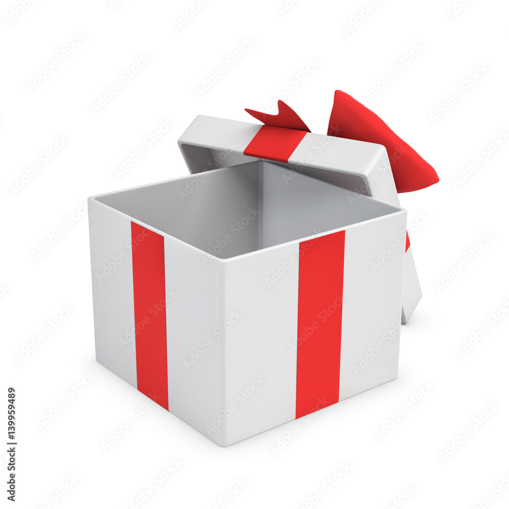 Poster 3d rendering of a white open gift box tied with a red bow on white background.