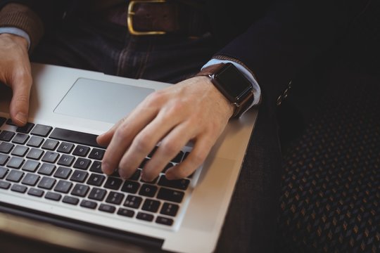 Mid-section of businessman using laptop while travelling