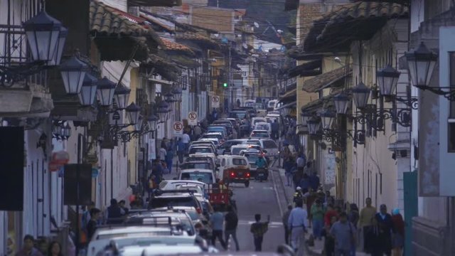 CAJAMARCA, PERU - CIRCA SEPTEMBER 2016: People walking on the touristic city of Cajamarca near the stairs of the Apolonia panoramic point of view. Slow motion