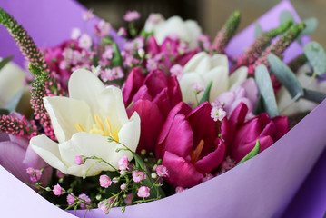 bouquet of flowers white and purple tulips