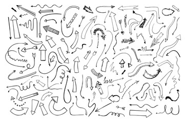 Fototapeta premium Hand drawn simple arrows set. Vector. Doodle arrows of different sizes