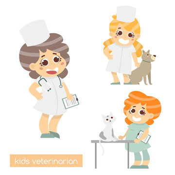 Cute kids vets isolated. Set of 3 characters of vet doctors. Vector Illustration of vet profession