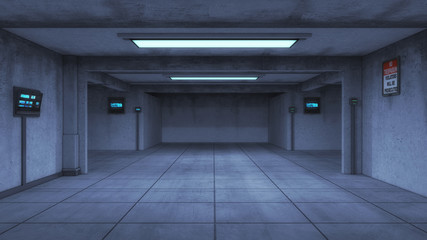 Futuristic warehouse. Space ship futuristic interior. Sci fi view. 3d rendering.