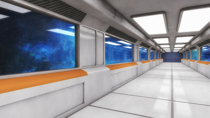 Spaceship corridor. Futuristic tunnel with light, interior view. Future background, business, sci-fi or science concept