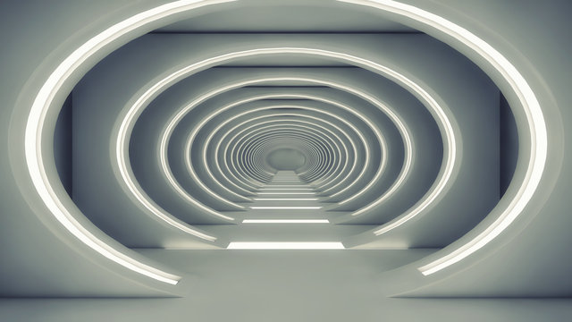 Futuristic corridor with global illumination. Hall of a spacecraft.