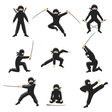 Cute cartoon ninja vector illustration. Kicking and jumping ninjas isolated on white background