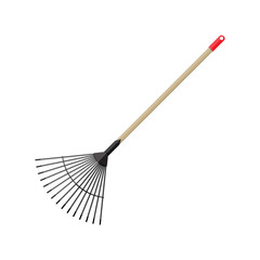 Metal rake with wooden handle. Garden accessories - obrazy, fototapety, plakaty