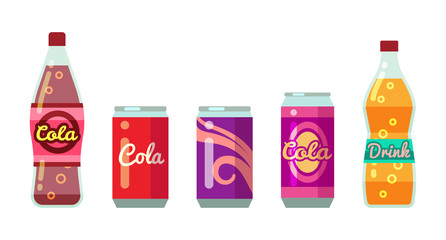 Soft drinks in bottles and cans vector illustration set - obrazy, fototapety, plakaty