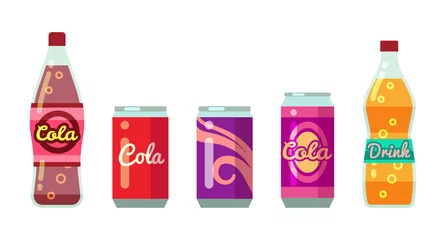Foto op Plexiglas Soft drinks in bottles and cans vector illustration set © MicroOne