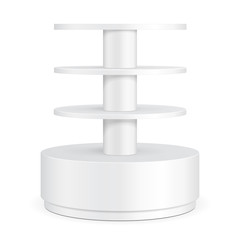 Round Cardboard Floor Display Rack For Supermarket Blank Empty Shelves. Mock Up, Template. Illustration Isolated On White Background. Ready For Your Design. Product Advertising. Vector EPS10.