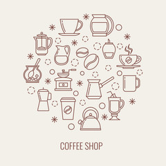 Coffee thin line vector icons set in a circle