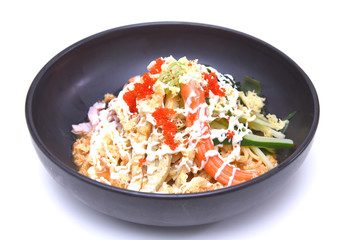 Chilled Ramen noodles , Hiyashi Chuka isolated on white background with Clipping Path