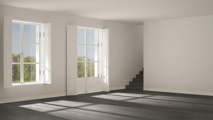 Obraz premium Empty room with windows and stairs, minimalist scandinavian interior design