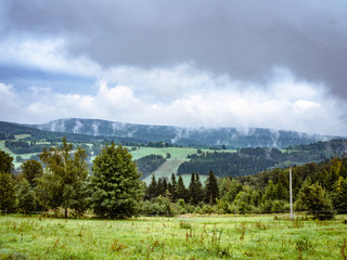 Dramatic cloudy misty mountain ladscape, meadow and forest