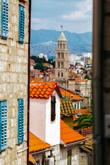 View of the tower of the Cathedral Split distant region of Split, Croatia.