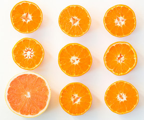 Top view of eight slices of satsuma and one slice of grapefruit, on the white background