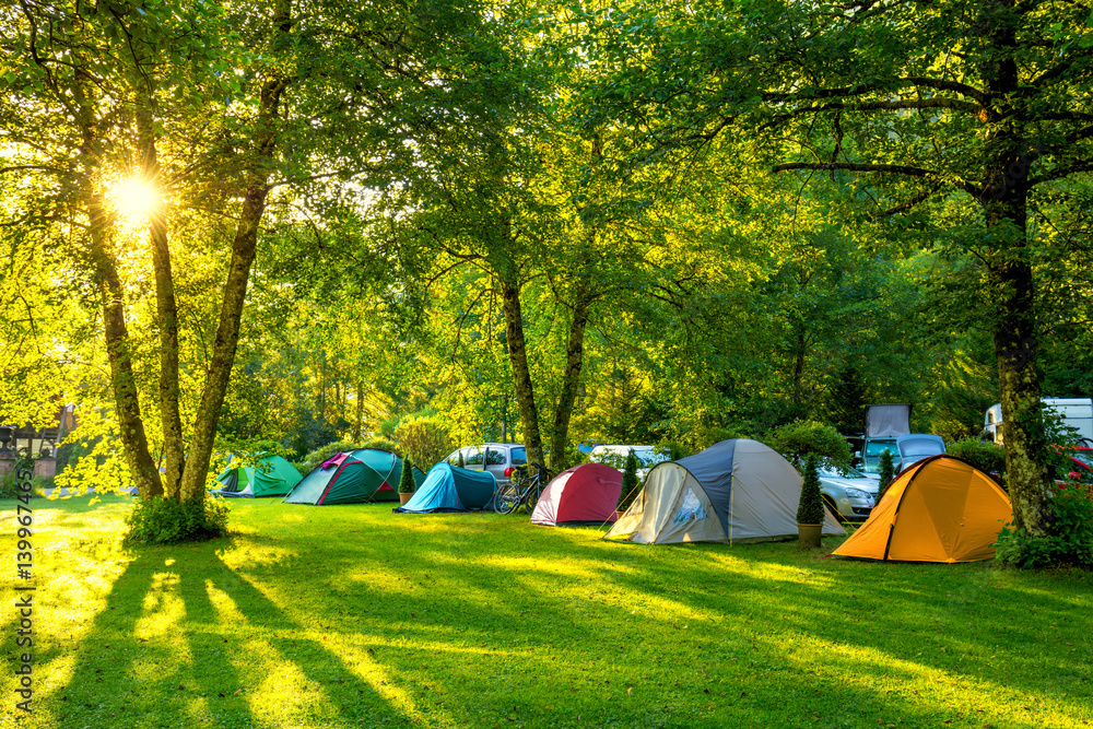 Wall mural tents camping area, early morning with sunshine