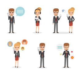 businessman and business woman in job character at office. communication technology infographic. flat design vector.