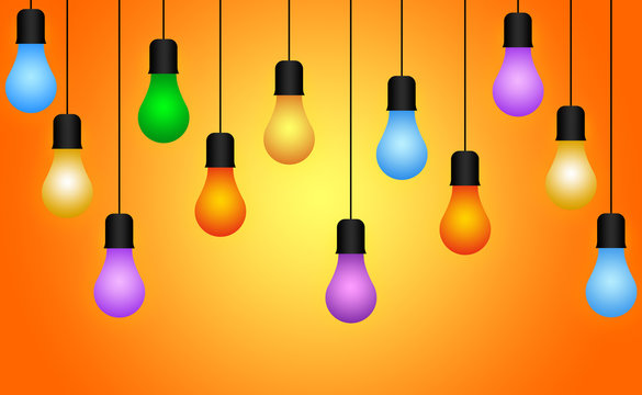 Colorful Illuminous Light Bulb, Bulb Hanging Through Wire Illustration