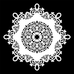 Lace round paper doily, lacy snowflake, greeting element,  template for cutting  plotter, round pattern, laser cut  template, doily to decorate the cake,  vector illustrations.