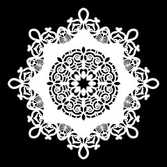 Lace round paper doily, lacy snowflake, greeting element,  template for cutting  plotter, round pattern, laser cut  template, doily to decorate the cake,  vector illustrations.