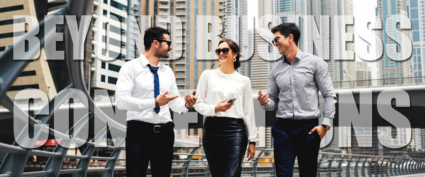 Beyond business connections. Business people brainstorming having meeting walking outside smiling having brake.