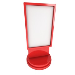 LCD Screen Stand. Red Trade Show Booth. 3d render of lcd screen isolated on white background. High Resolution. Ad template for your expo design.