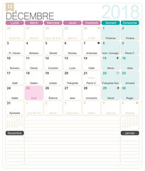 French calendar 2018 / December 2018, French printable monthly calendar template, including name days, lunar phases and official holidays.