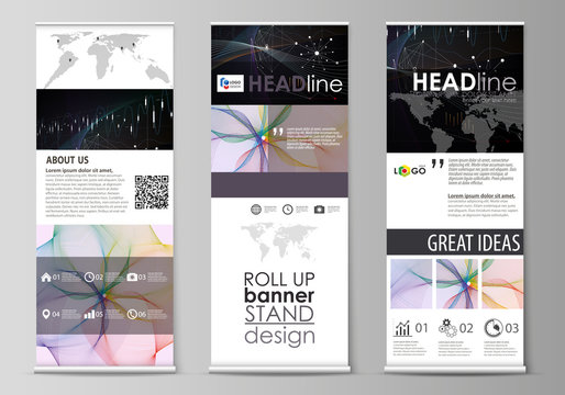 Roll up banner stands, geometric design templates, business concept, corporate vertical vector flyers, flag layouts. Colorful abstract infographic background with lines, symbols, other elements.