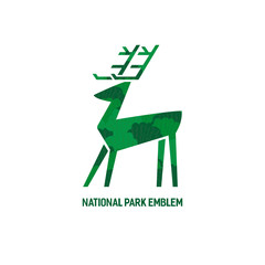 Animal based logo. Wild deer sign. Hand drawn design for national nature park emblem. Horned reindeer symbol. Decorative vector illustration with elk. Wildlife advertisement banner element