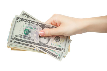 woman manicured hand hold or given money isolate on white