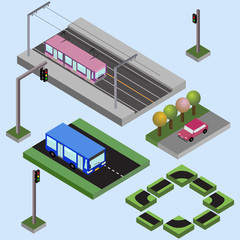 Isometric elements of city, bus, car, tram, streets, traffic lights, nature, isolated,